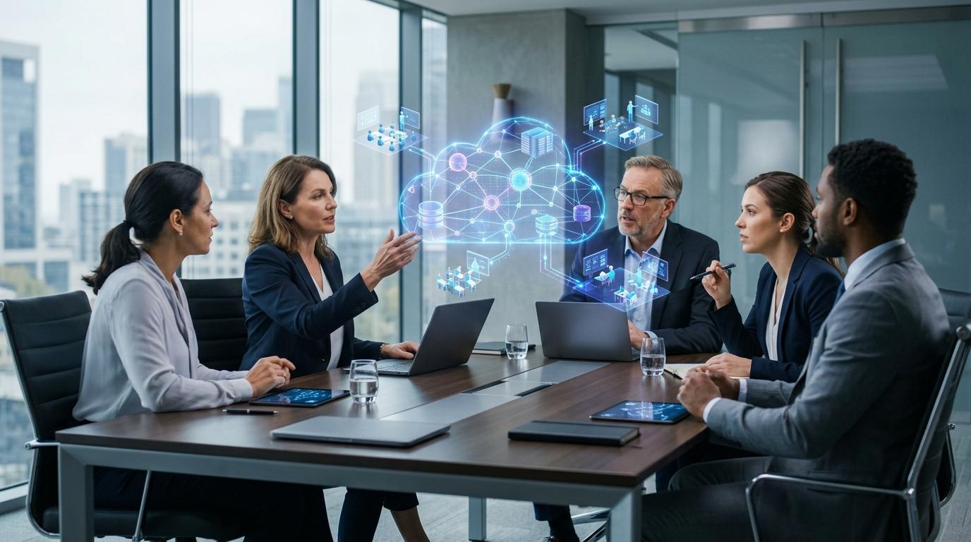 Business executives discussing cloud-based virtual learning infrastructure around a modern conference table with holographic cloud networks and digital workspaces.