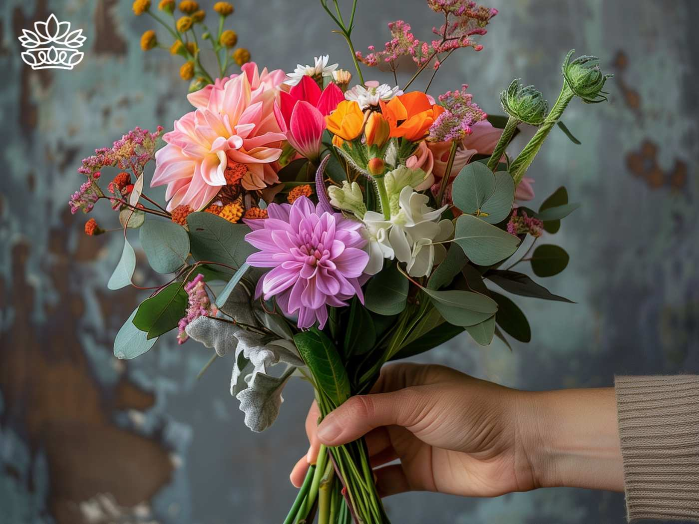Hand holding a colourful bouquet from the Cape Town Gift Delivery Collection, a creation by Fabulous Flowers and Gifts, symbolizing the reliable business that brings family and friends together with offerings like wine and provides assistance for all occasions.