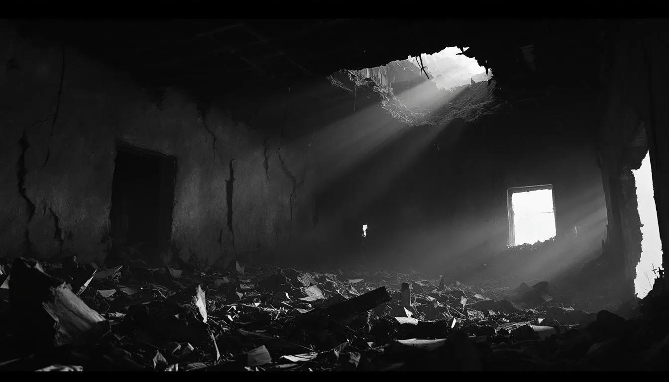 An image illustrating structural damage assessment after a fire, showing damaged walls and ceilings.