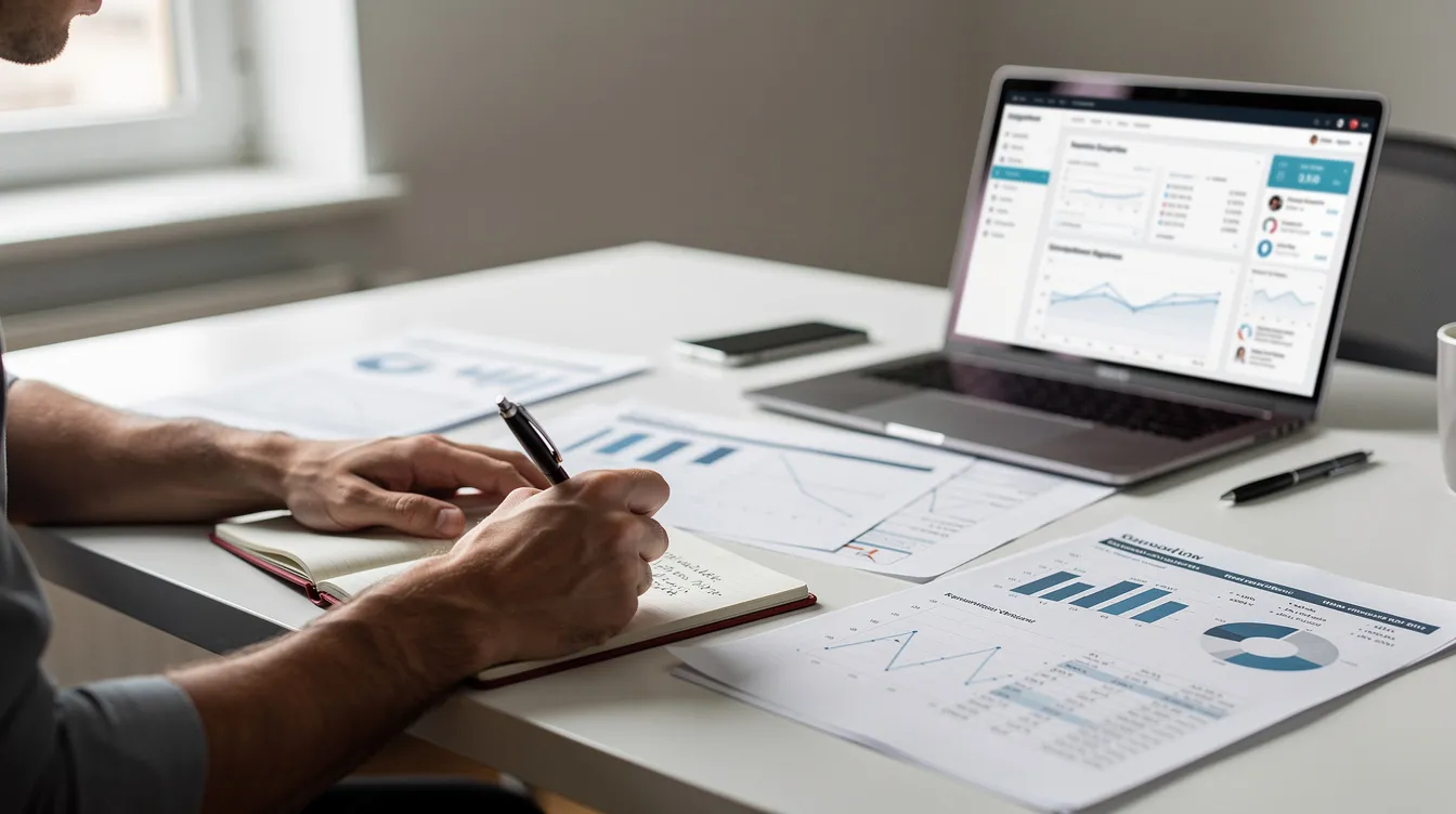 aea4b9c2 cb81 489d a1a0 c49f3d1399a6 The image shows a person diligently writing notes and reviewing various financial documents at a desk, likely preparing for a mudra loan application or assessing their business viability. The cluttered desk features bank statements and a simple business plan, suggesting a focus on securing funding for small and micro businesses.