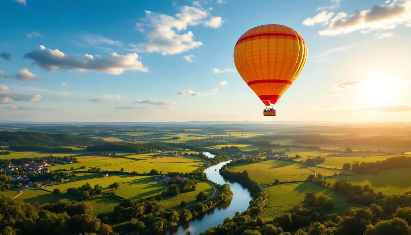 Na obrazie widoczny jest kolorowy balon unoszący się nad malowniczym krajobrazem, z pięknymi wzgórzami i zielonymi polami w tle. Taki lot balonem to wyjątkowy prezent, który z pewnością zaskoczy solenizanta w dniu jego czterdziestych urodzin.