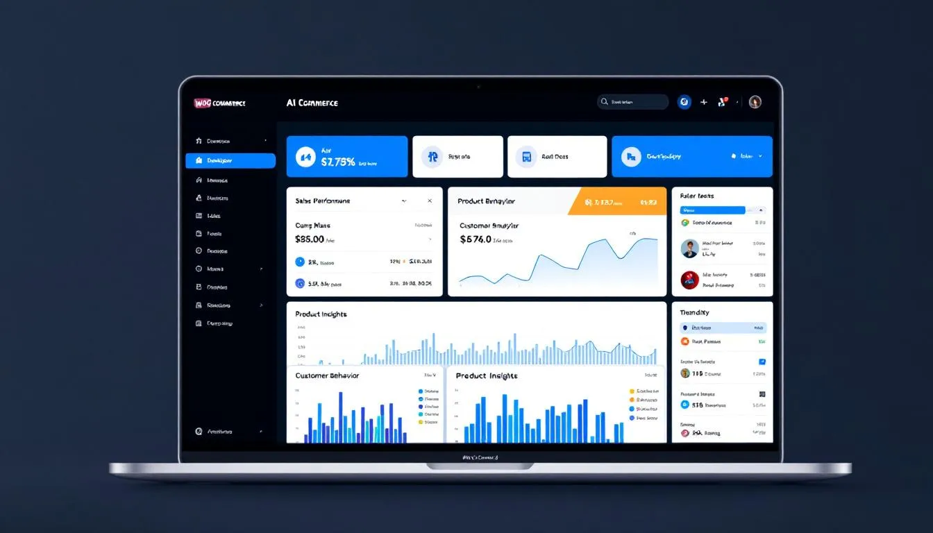 The image displays a modern WooCommerce dashboard featuring AI-powered analytics, showcasing user engagement metrics and advanced features designed for website owners within the WordPress ecosystem. This interface highlights the future of WordPress, emphasizing its role as a leading content management system for eCommerce solutions.