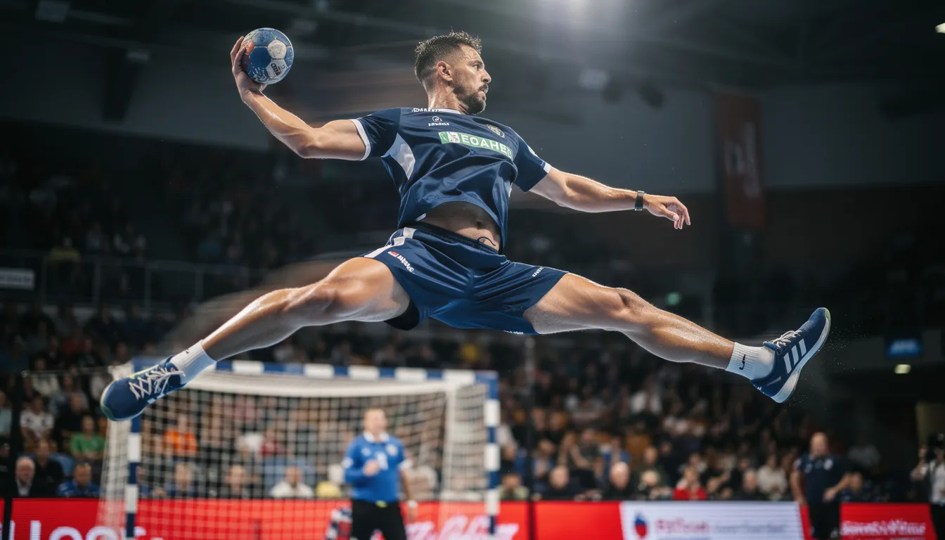 Ein Handballspieler führt einen explosiven Sprungwurf aus, während er mit gestrecktem Körper in der Luft schwebt. Diese Bewegung erfordert hohe Wurfkraft, Koordination und Schnelligkeit, um das Ziel im Handballspiel zu treffen.