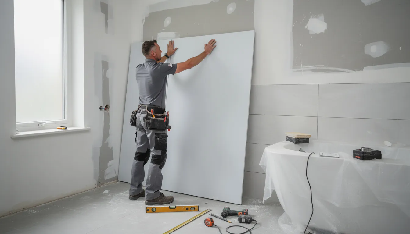 A professional installer is meticulously fitting wall panels in a bathroom undergoing renovation, showcasing the process of creating a modern space with a new shower. The scene emphasizes careful installation techniques and the transformation of the bathroom design.