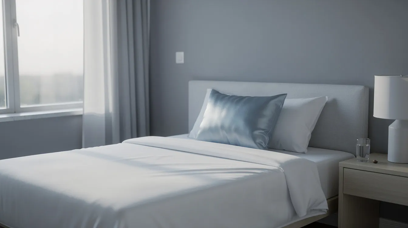 The image depicts a cool-toned bedroom featuring fresh white bedding, with a luxurious silk pillowcase elegantly catching the soft morning light. This serene sleep environment highlights the beauty benefits of sleeping on silk, known for its smooth surface that promotes healthier skin and hair.