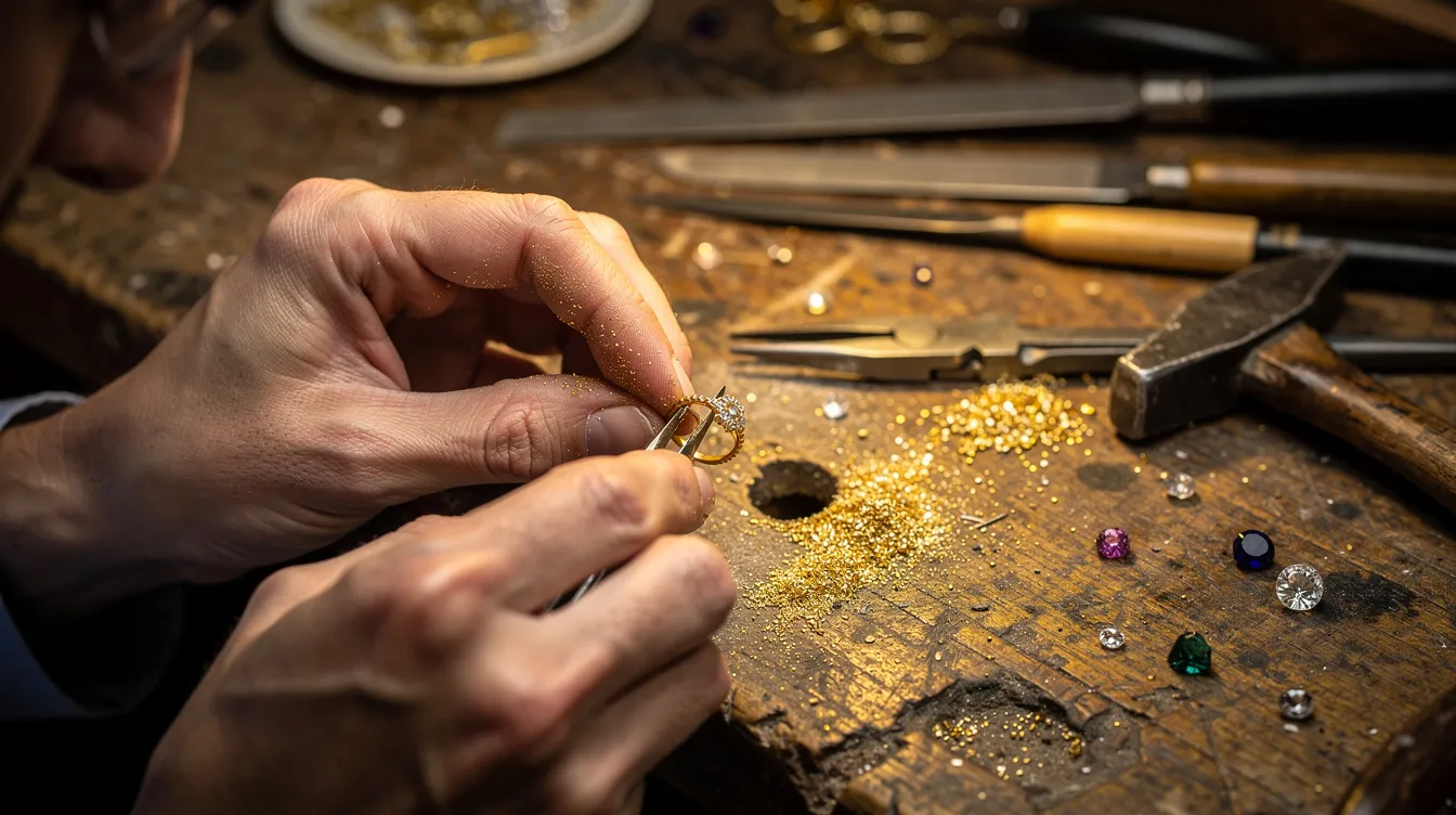 A close-up image shows a jeweler's hands skillfully working with gold at a traditional workbench, highlighting the intricate craftsmanship involved in creating custom jewelry pieces. The tools and materials reflect the artistry and quality that go into making elegant rings, necklaces, and bracelets for special occasions.