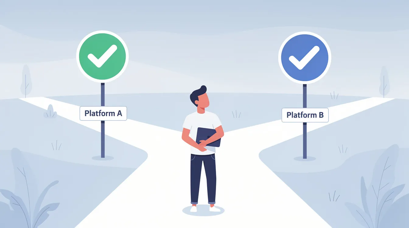 The image features a flat illustration of a creator standing at a crossroads, with two paths marked by checkmarks, symbolizing the decision between different community platforms. This scene captures the essence of choice and the journey of creating content, reminiscent of a storyline where characters like "woo hyeol" and "hae sun" navigate their relationships and decisions in a K-drama-like world.