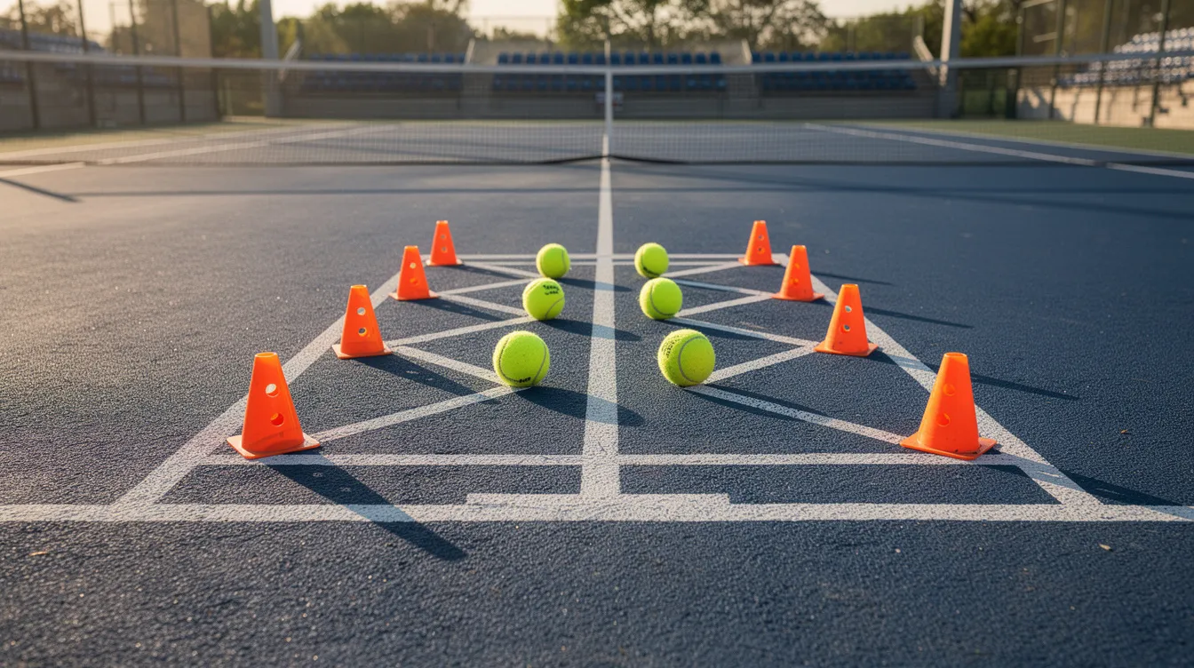The image shows a tennis court service box filled with tennis balls and orange cones arranged for practice drills, focusing on techniques like the kick serve and slice serve. This setup is designed to help players improve their serve toss, swing path, and foot position for effective serves.