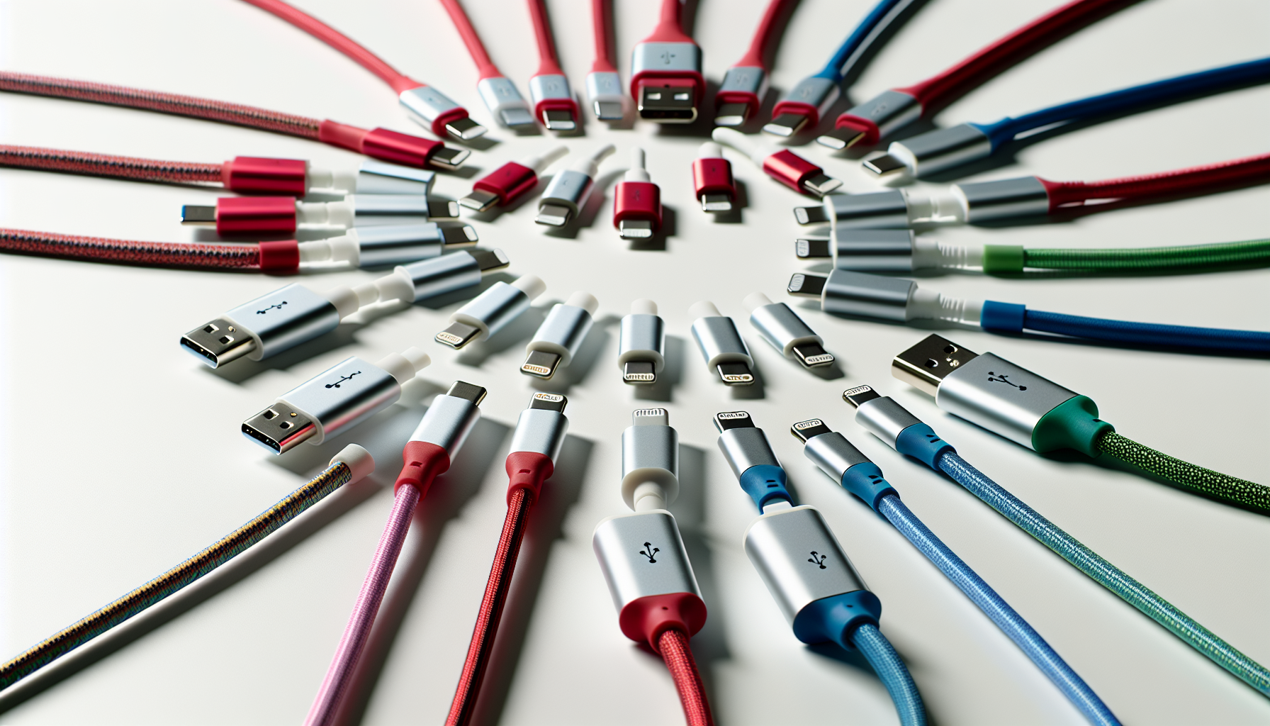 Various USB C to Lightning cables coiled in a circular pattern