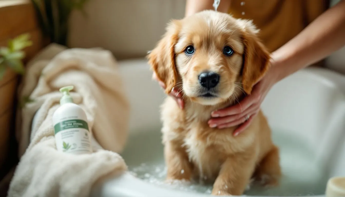 A dog is being gently bathed with natural products, showcasing a caring interaction between the pet parent and their furry friend. The scene emphasizes the use of safe, natural remedies like apple cider vinegar to promote the dog