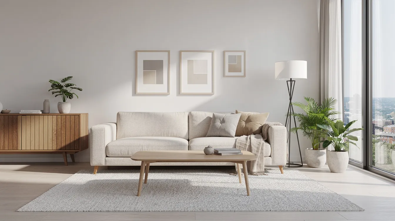 I bilden syns ett modernt skandinaviskt vardagsrum med en exklusiv beige 3 sits soffa i tyg, omgiven av trädetaljer som ger rummet en varm och inbjudande känsla. Soffan, som erbjuder både komfort och stil, passar perfekt för att skapa en trivsam plats för familjen att samlas.