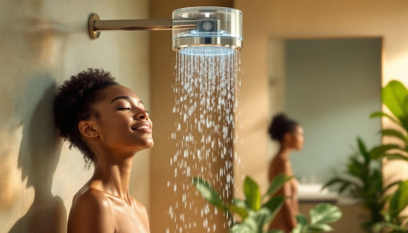 A person enjoying a refreshing shower with a visible shower water filter.