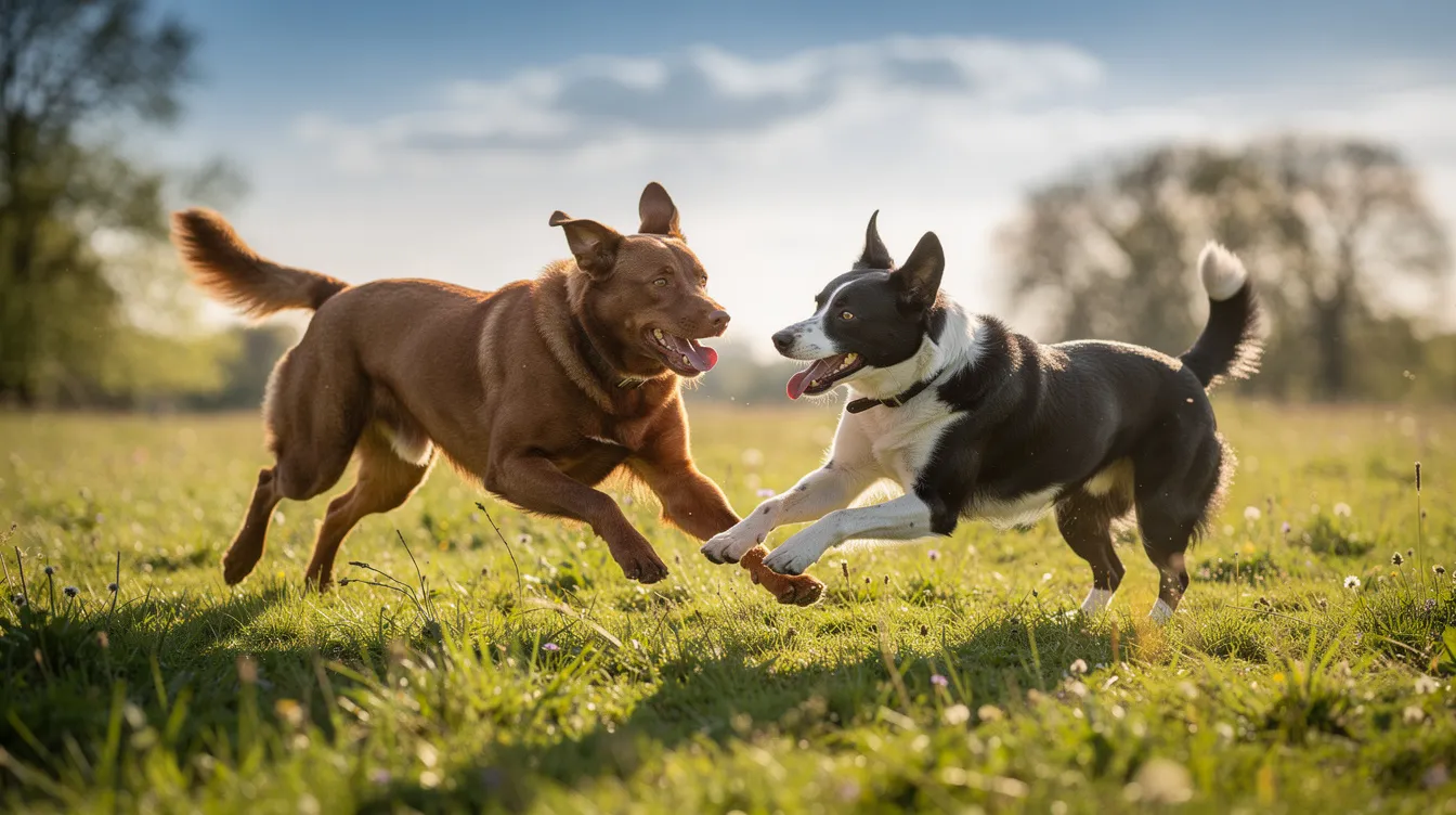 Zwei fröhliche Hunde spielen ausgelassen auf einer grünen Wiese, während die Sonnenstrahlen sanft auf ihr Fell scheinen. Im Hintergrund könnte man sich vorstellen, wie ein Star wie Sonja Zietlow in einer Dschungelcamp-Folge solch unbeschwerte Momente mit Tieren erlebt.