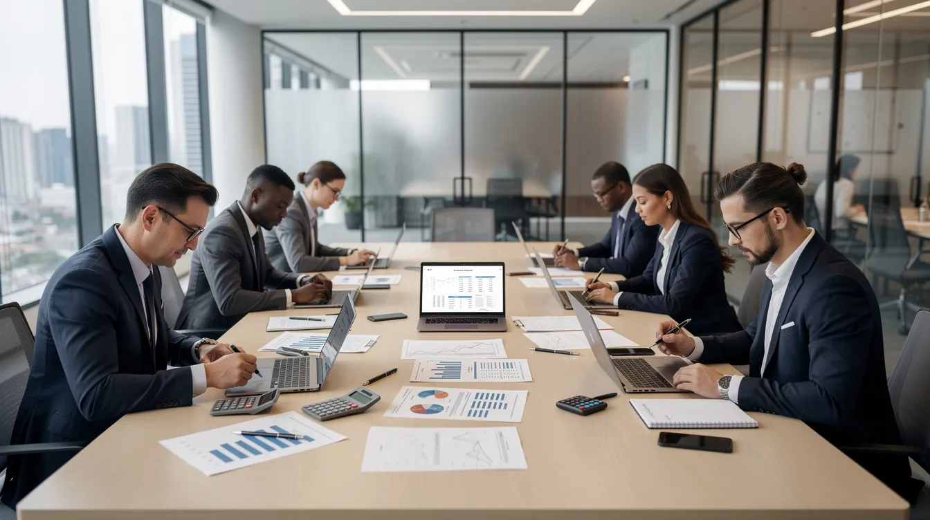 aeb2f2a2 3d1f 448f 82e8 58c2d72f878b Na zdjęciu widać nowoczesne biuro, w którym zespół analizuje dokumenty finansowe przy dużym stole konferencyjnym. Uczestnicy spotkania omawiają różne źródła finansowania przedsiębiorstw, co może obejmować zarówno zewnętrzne, jak i wewnętrzne źródła finansowania działalności gospodarczej.