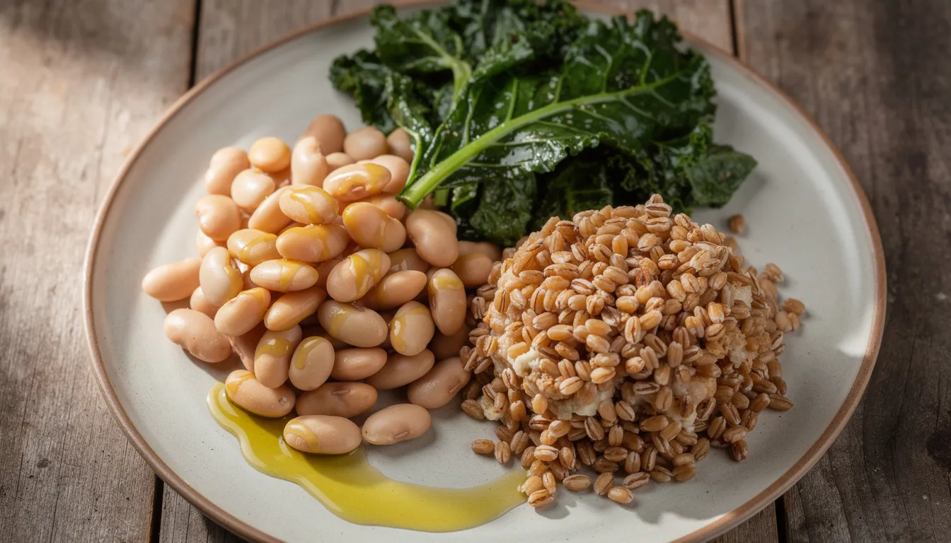 The image features a vibrant plate filled with a nutritious meal, including white beans, sautéed leafy greens, farro grain, and a drizzle of golden olive oil, embodying principles of the longevity diet. This colorful dish highlights the importance of healthy foods and plant-based ingredients for promoting a long and healthy life.