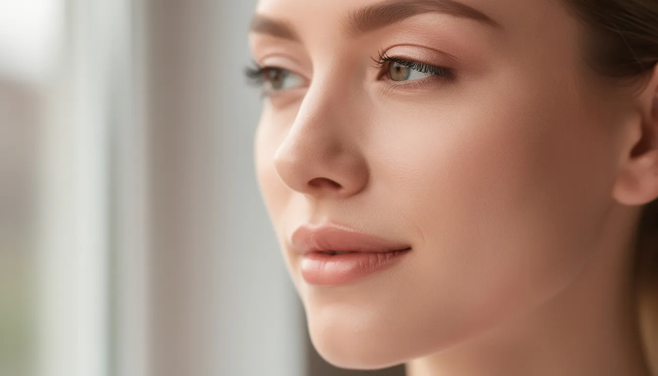Zbliżenie na czystą, gładką skórę twarzy kobiety w naturalnym świetle, ukazujące zdrową kondycję cery oraz brak zaskórników. Skóra wydaje się być odpowiednio pielęgnowana, co może sugerować regularne oczyszczanie oraz stosowanie preparatów złuszczających.