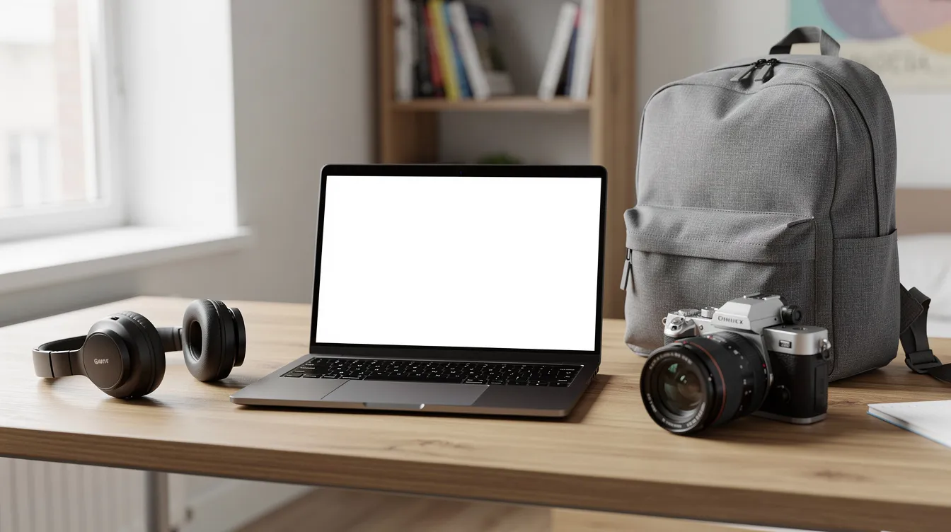 The image depicts a neatly arranged student desk featuring a laptop, headphones, a camera, and a backpack, symbolizing preparation for the upcoming school year. This setup is ideal for college students who may also need to consider back to school insurance options for personal property coverage and liability protection.