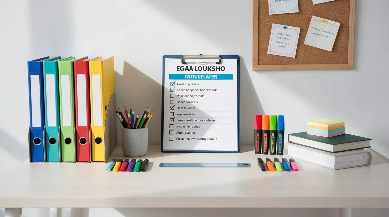 The image depicts an organized desk featuring color-coded folders, a visual checklist, and neatly arranged school supplies, creating a conducive learning environment for students, including those with special educational needs. This setup can support autistic children and enhance their participation in mainstream education by reducing sensory overload and fostering better focus.