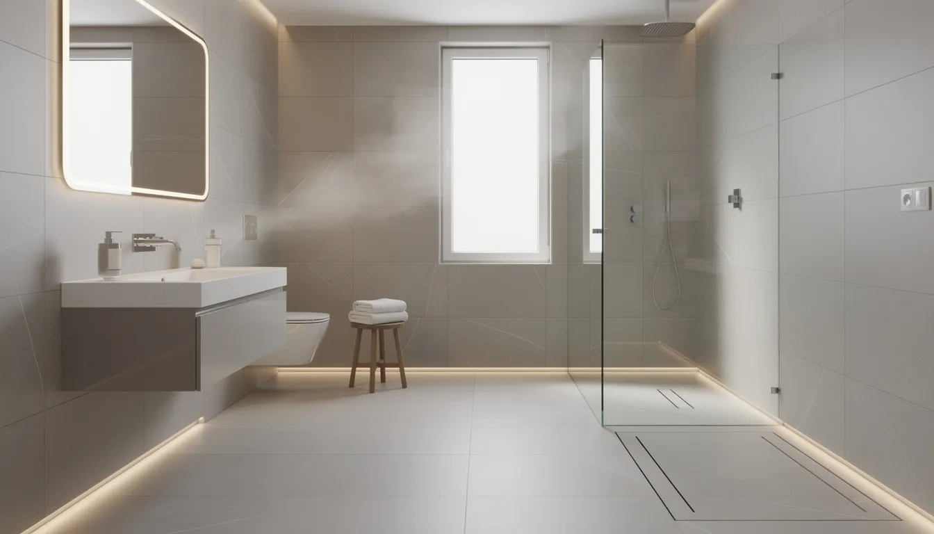 The image depicts a contemporary bathroom featuring a walk-in shower with sleek tiling and underfloor heating, showcasing a modern design that maximizes functionality. This space exemplifies quality workmanship and attention to detail, typical of complete bathroom renovations in Christchurch.