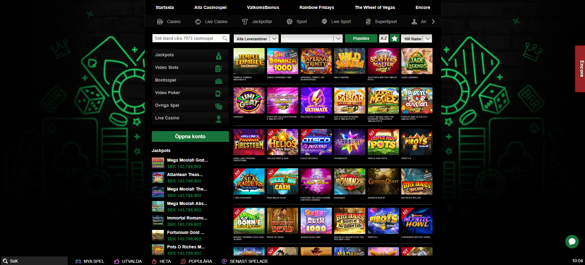 Slots hos Mr Vegas med populära och nya spel samt filtrering efter leverantör och kategori.