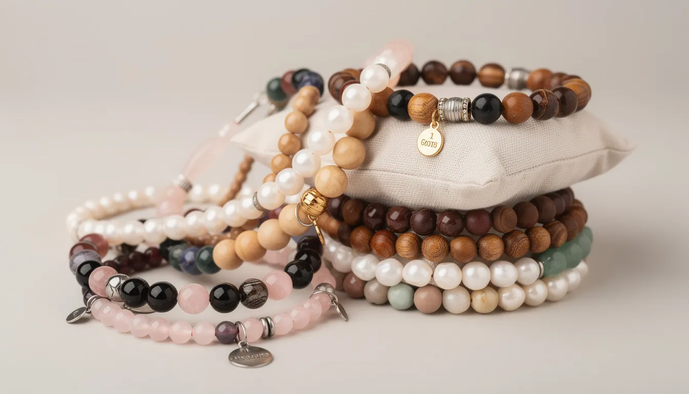 A collection of women's beaded bracelets showcases a variety of styles, including stretch, wrap, and charm designs, crafted from materials like mother of pearl, natural gemstones, and glass. The vibrant colors and unique combinations make these bracelets perfect for both everyday wear and special occasions.