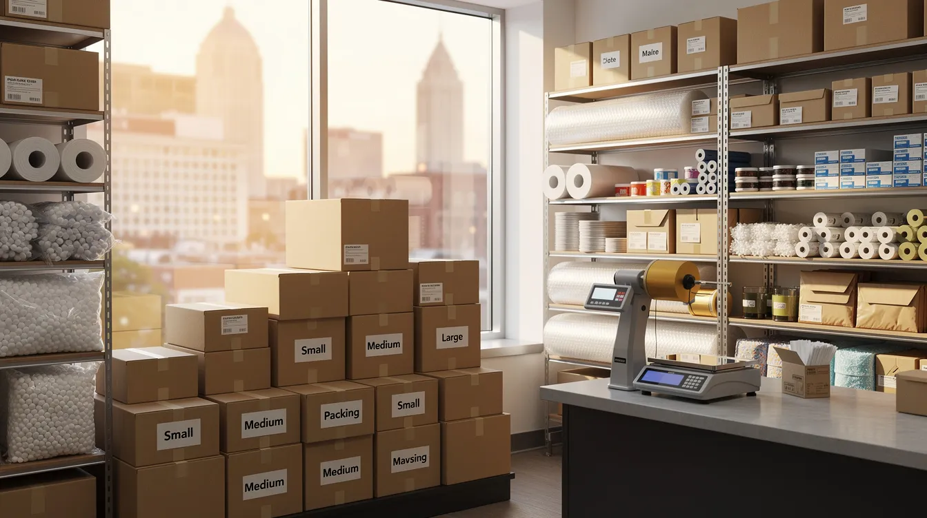 The image showcases a variety of Nashville packing supplies, including boxes, bubble wrap, and specialty boxes designed for protecting items during moving. The display highlights different sizes and types of packing materials available for purchase, emphasizing their usefulness in ensuring safe transportation of goods.