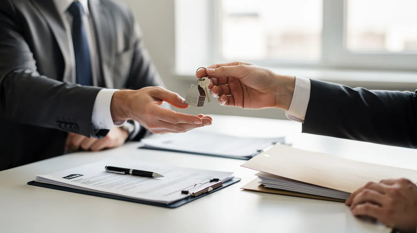 The image shows a person handing over house keys to another individual across a desk, surrounded by paperwork related to a real estate transaction. This moment signifies the completion of a home purchase, which may involve bridge loans or other financing options to cover the gap between selling a current property and acquiring a new one.
