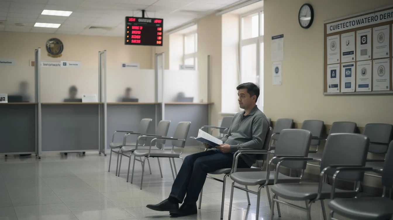 The image shows a person sitting in a waiting area of an official government office, likely at the Ghana High Commission in the UK, where applicants are waiting to submit their paperwork for passport renewal or other essential services. The atmosphere conveys a sense of anticipation as individuals prepare for the passport application process.