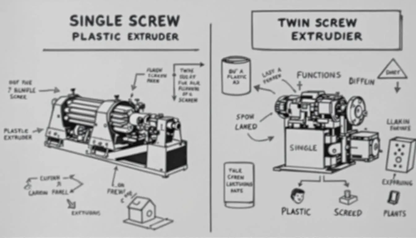 Types of plastic extruders, including single and twin screw extruders.