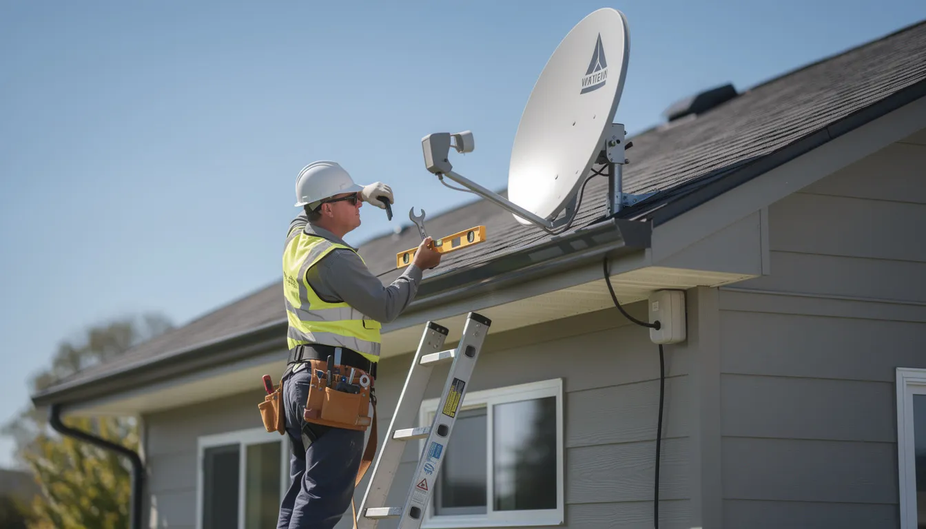 A technician is efficiently installing a satellite dish on the roof of a house, ensuring optimal signal strength for DSTV services. The installation includes careful cabling and configuration to provide clear channels for the customers' TV setup.