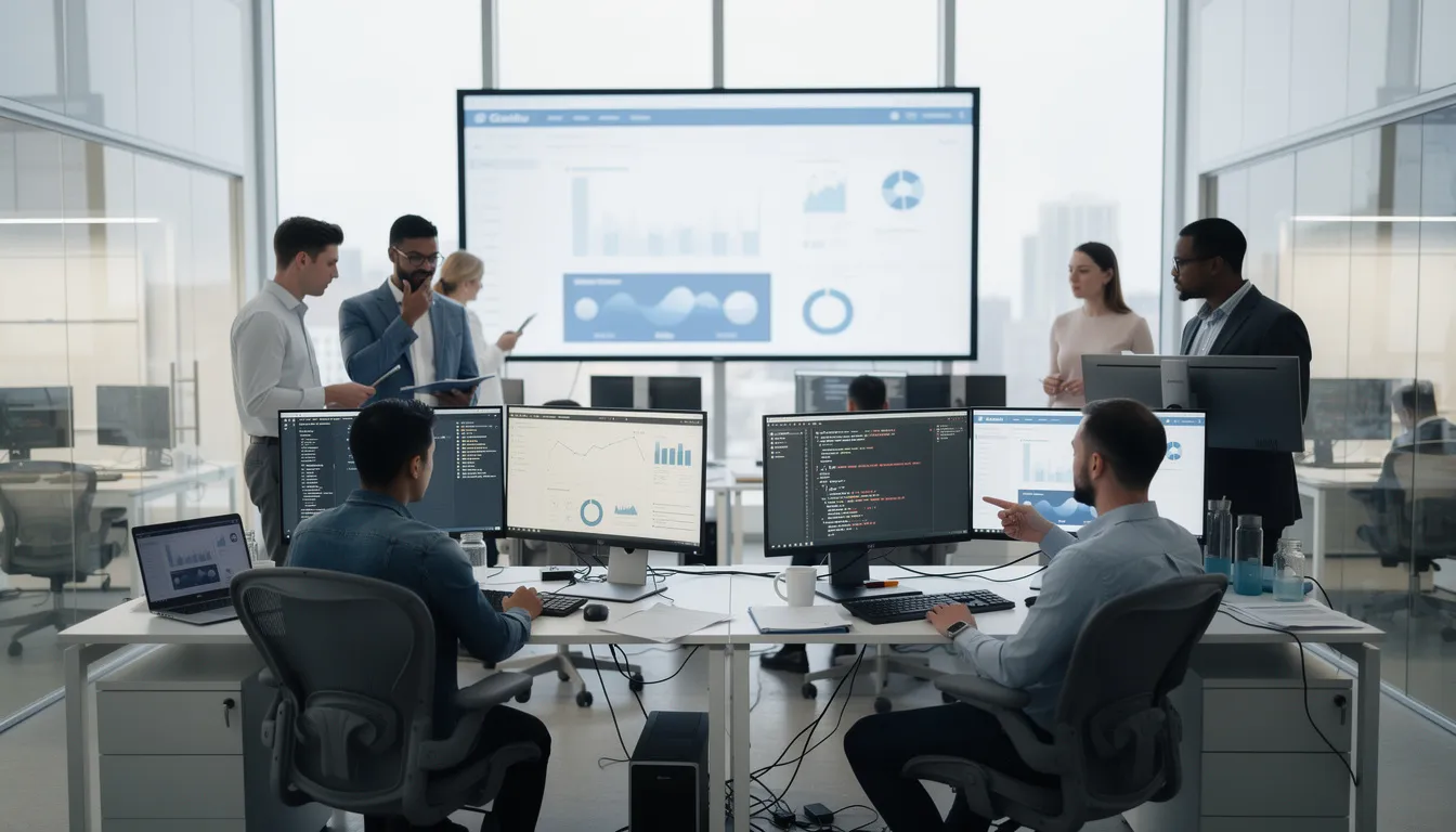 Das Bild zeigt Forschende, die konzentriert an Computerbildschirmen arbeiten, während im Hintergrund ein großer Bildschirm zu sehen ist. Diese moderne Büroumgebung ist ein Teil des Swiss National Supercomputing Centre, wo innovative Entwicklungen im Bereich der künstlichen Intelligenz, wie KI Sprachmodelle und Large Language Models, vorangetrieben werden.