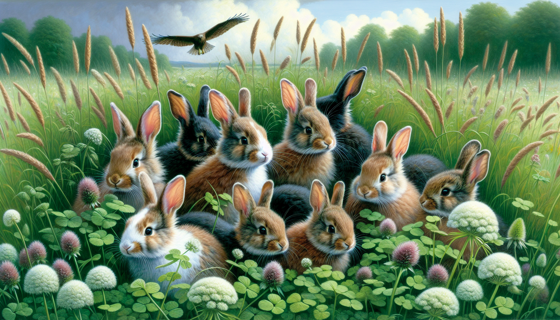 Illustration of a group of rabbits in a natural environment