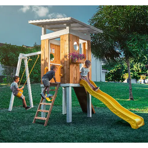 Avenlur backyard swing set with a safe entry ladder, slide, swings, and more