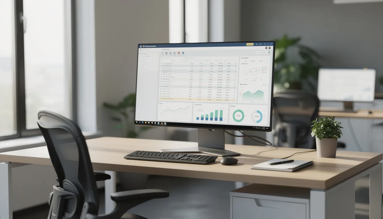 The image depicts a modern office workspace featuring a computer monitor displaying accounting software, which is essential for tax preparation and planning. This setup highlights the importance of proactive tax strategies and compliance, enabling professionals to manage financial statements and maximize tax savings for their clients.