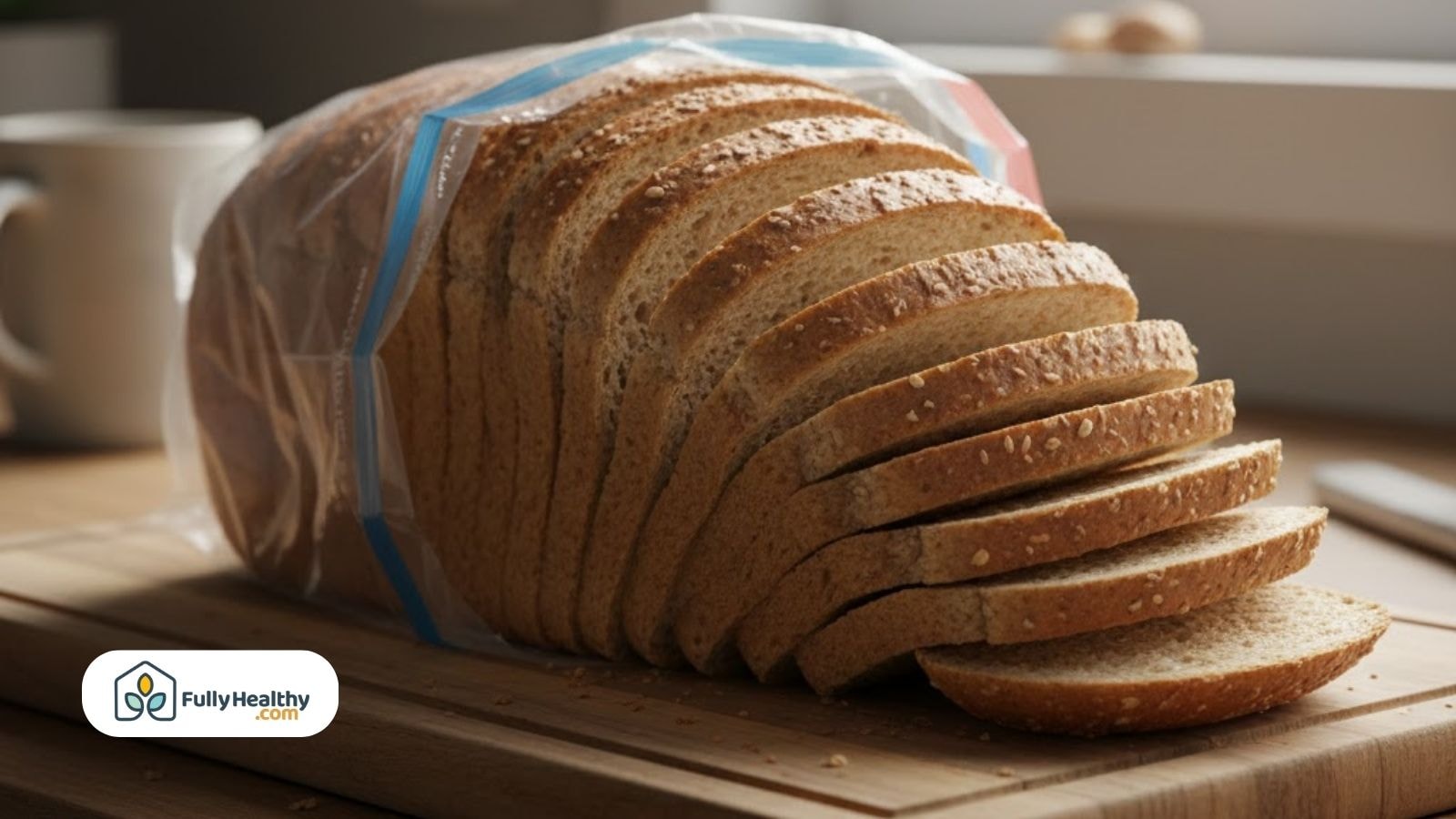 Pre sliced sandwich bread loaf on a wooden board showing even slices inside a clear plastic bag.