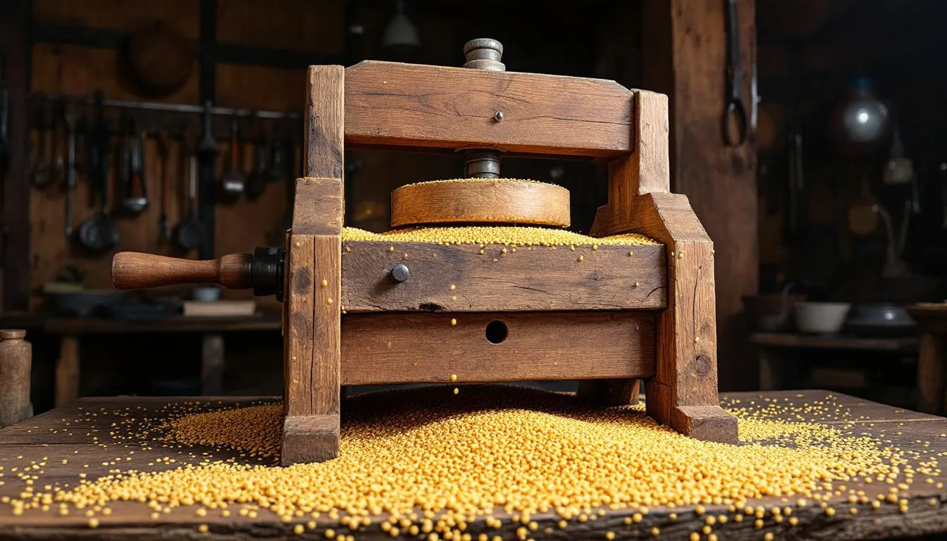 The image depicts traditional sesame seed pressing equipment surrounded by golden sesame seeds, highlighting the process of extracting sesame oil, known for its nutty flavor and health benefits. This ancient method emphasizes the importance of sesame seeds in cooking, particularly in Asian dishes where flavorful oils are essential.