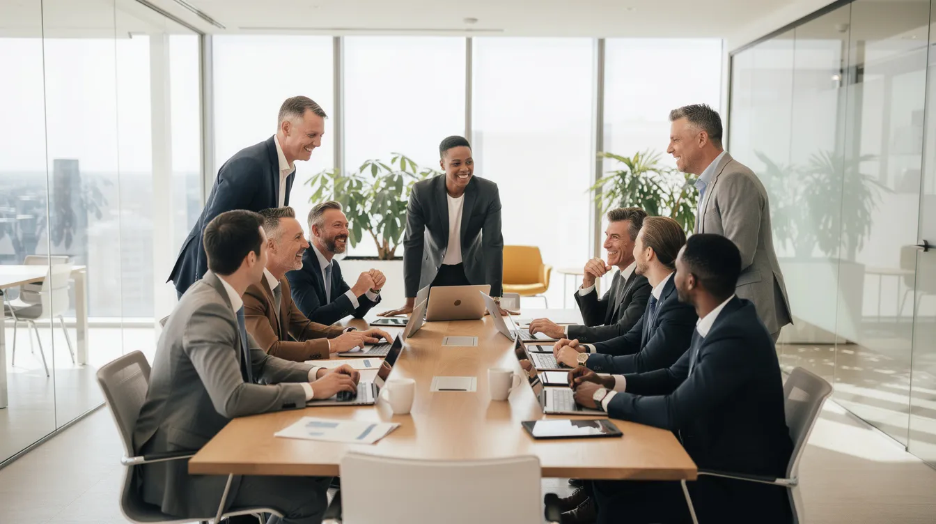 Une équipe professionnelle diverse est réunie autour d'une table dans un espace de travail moderne et lumineux, illustrant la dynamique du leadership et l'importance de la cohésion entre les membres. Cette image reflète un environnement propice à l'innovation et à la communication, où chaque collaborateur contribue au développement des projets communs.