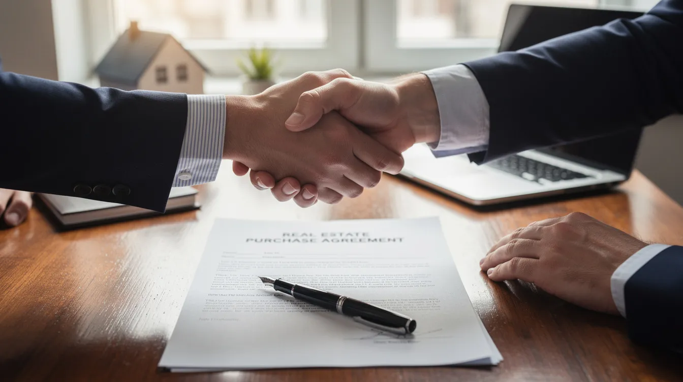 A close-up of two individuals engaged in a handshake over a real estate contract, symbolizing a successful agreement between real estate investors. The scene captures the essence of real estate investing, highlighting the importance of earnest money deposits and the collaborative effort in securing funding for real estate deals.