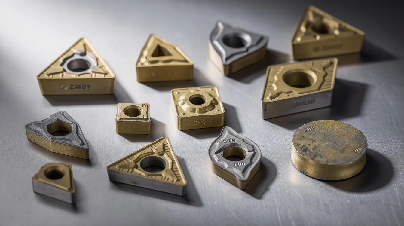 An array of various carbide turning inserts with distinct chipbreaker geometries is displayed on a metal surface, showcasing cutting tools designed for effective machining of titanium and its alloys. These inserts are essential for achieving high-quality results while minimizing tool wear and heat generation during the machining process.