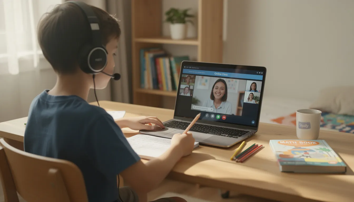 Ein Kind sitzt zu Hause vor einem Computer und nimmt an einer Online-Nachhilfestunde teil, um Unterstützung im Fach Mathematik zu erhalten. Der Schüler ist konzentriert und beschäftigt sich mit Lernstoff, während ein Lehrer ihm bei Fragen und Problemen hilft.