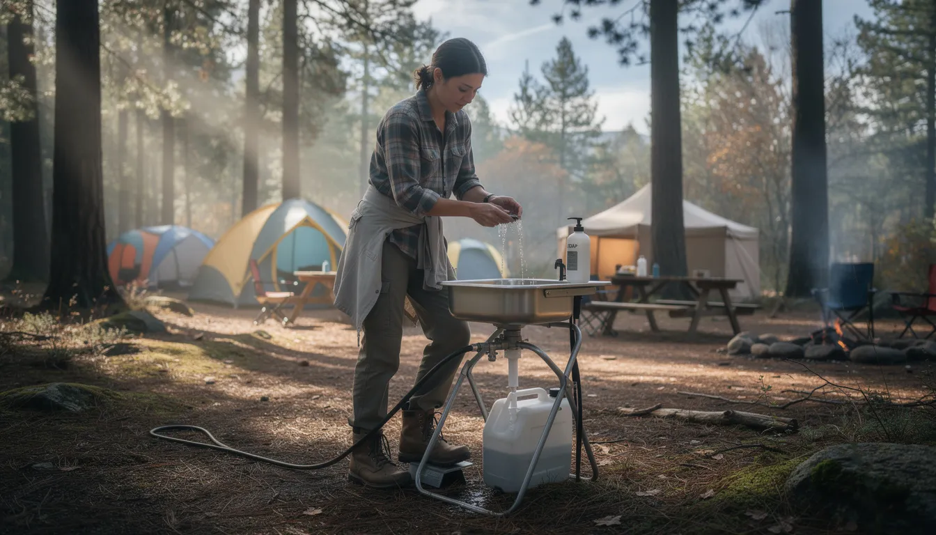 A person is using a portable foot-pump sink made of stainless steel at a forested campsite, with tents visible in the background. The setup includes a hand washing station equipped with a soap dispenser, providing fresh water for outdoor events while promoting water conservation.