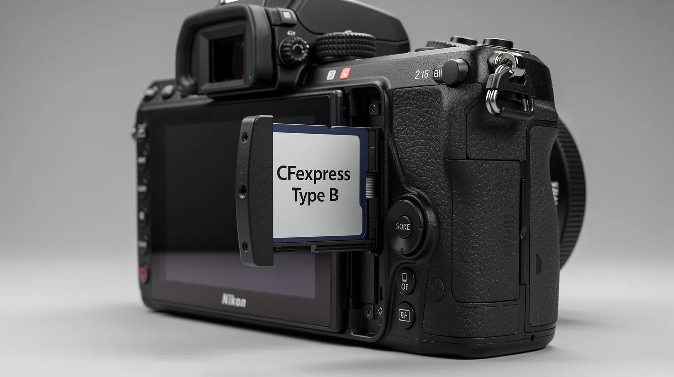 Die seitliche Ansicht einer Nikon-Kamera zeigt die geöffnete Kartentür, in die eine CFexpress Typ B Karte eingelegt ist. Diese Speicherkarten sind bekannt für ihre hohe Schreibgeschwindigkeit und große Speicherkapazität, ideal für Fotografen, die Serienbilder oder 4K-Videos aufnehmen möchten.