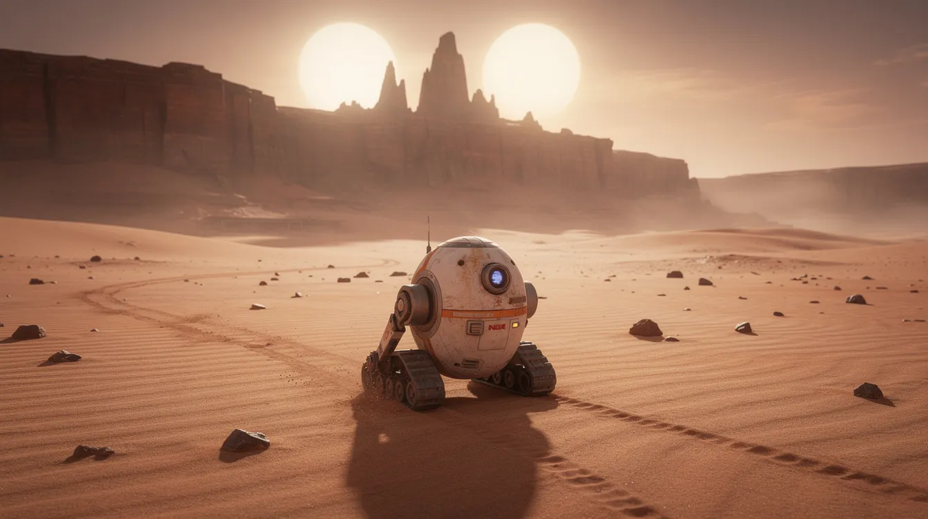 Ein kleiner Roboter-Droide rollt durch eine weite Wüstenlandschaft, während zwei Sonnen am Himmel strahlen. Im Hintergrund ist eine beeindruckende Felsformation zu sehen, die an die epischen Kulissen aus Filmen wie "Star Wars" oder "Herr der Ringe" erinnert.