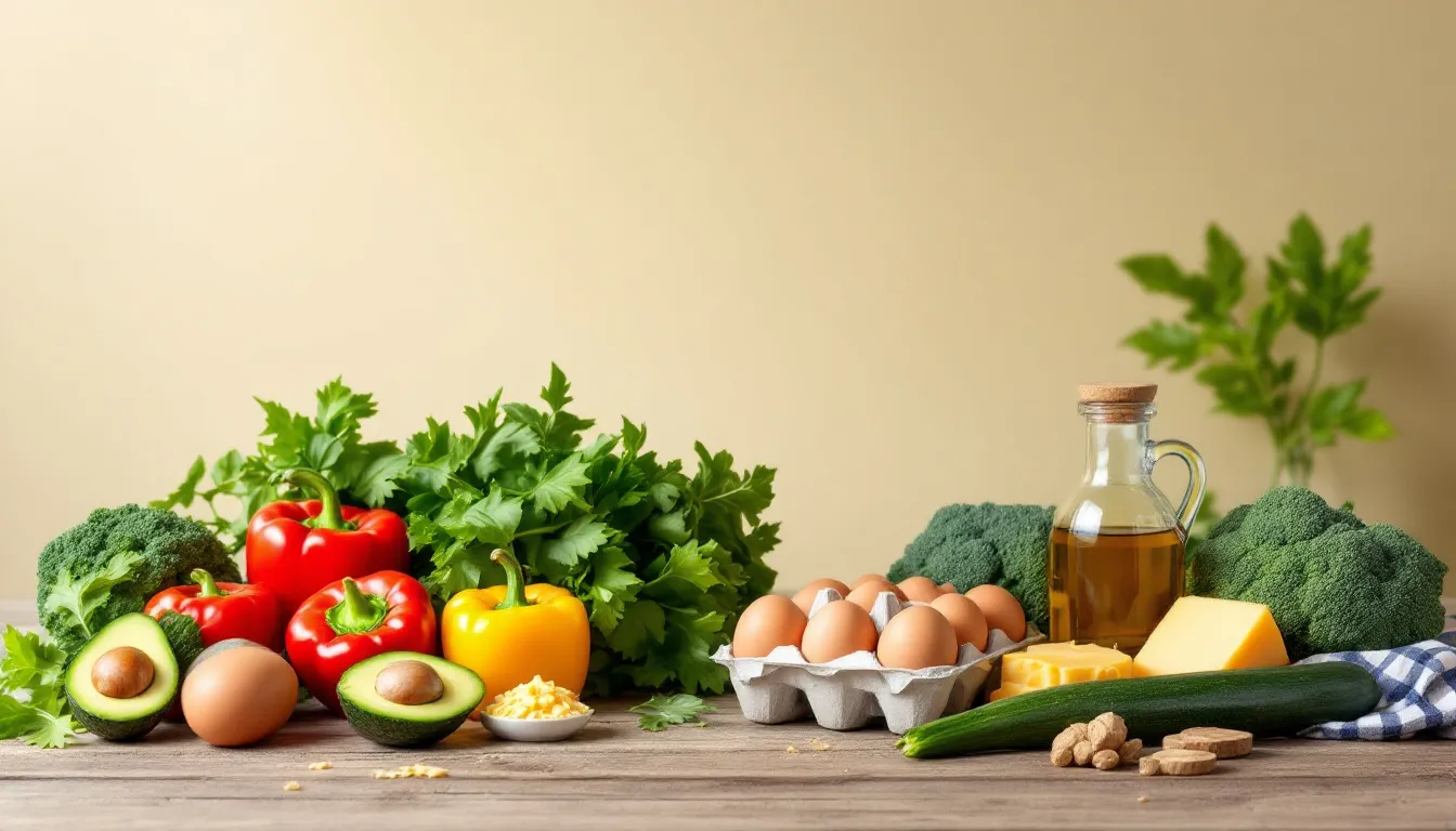 The image showcases an array of keto-friendly ingredients, including fresh vegetables, meats like chicken and bacon, and various cheeses, all essential for meal prepping on a ketogenic diet. These items are perfect for creating delicious, low-carb meals that support weight loss and fit into an easy keto meal plan.