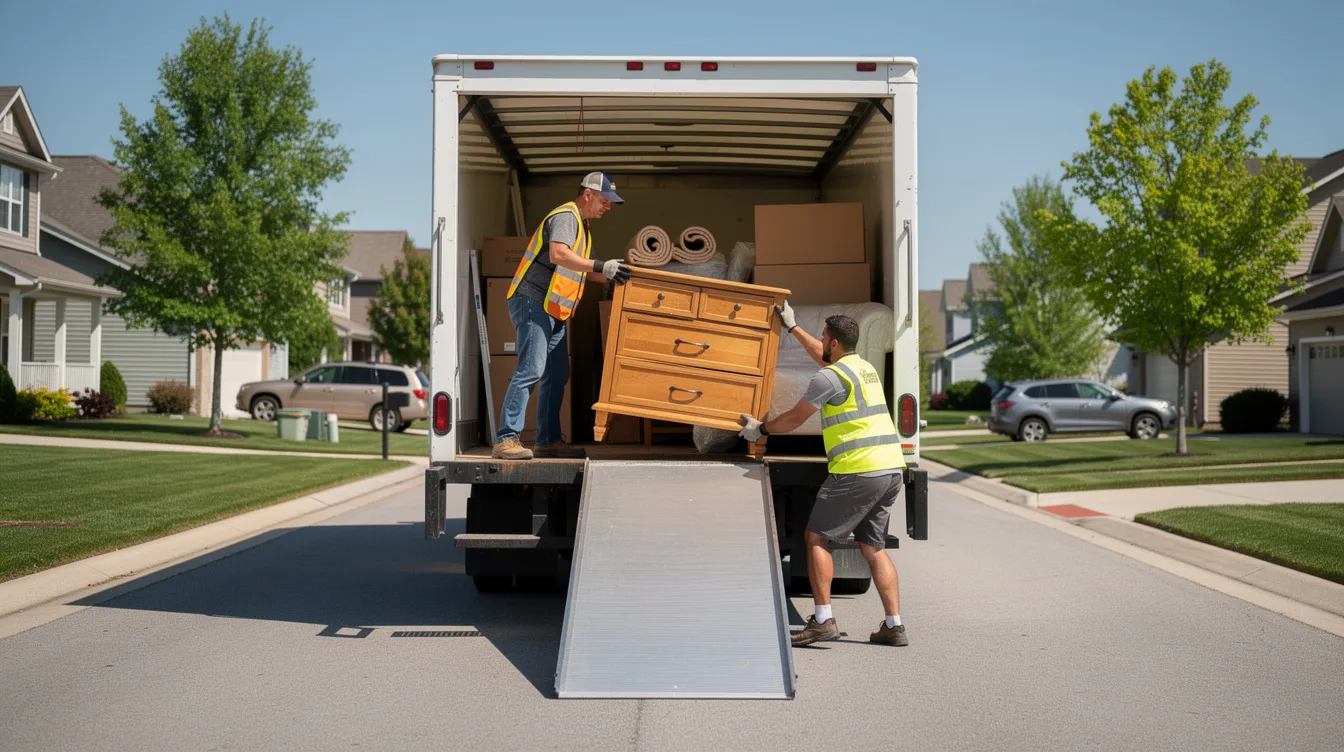Two workers loading furniture into a large truck on a residential street during an estate cleanout