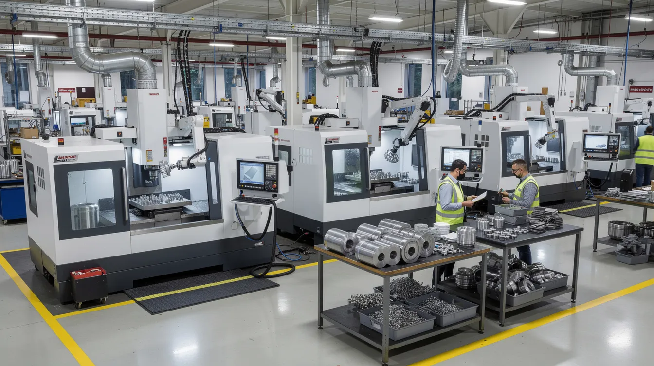 The image depicts an industrial manufacturing floor featuring CNC machines and inspection equipment actively processing metal parts, illustrating the complexity of the manufacturing process. This environment highlights the importance of quality management systems and the prototyping process in product development, showcasing the integration of advanced technologies in the manufacturing industry.