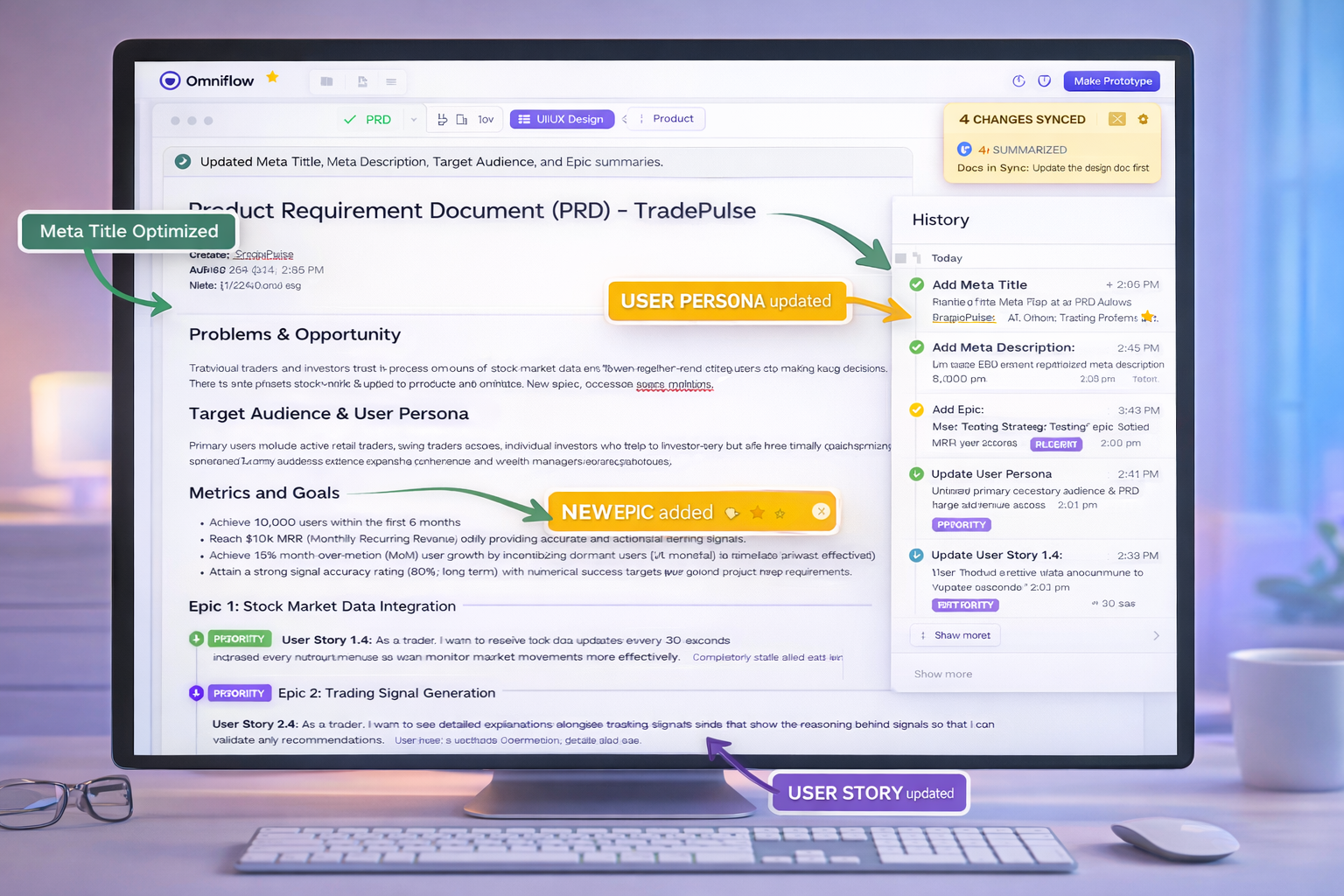 Image showing a living PRD and how Omniflow can help optimize websites for FREE AI SEO tools, google's AI overviews, AI search platforms, Generative engine optimization, AI search engines and other types of platforms. 