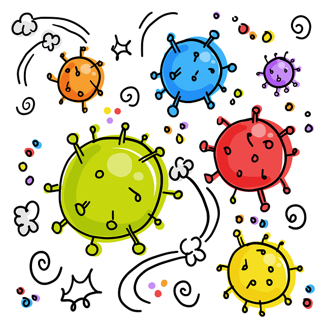 Cartoon images of various coronaviruses and germs. 