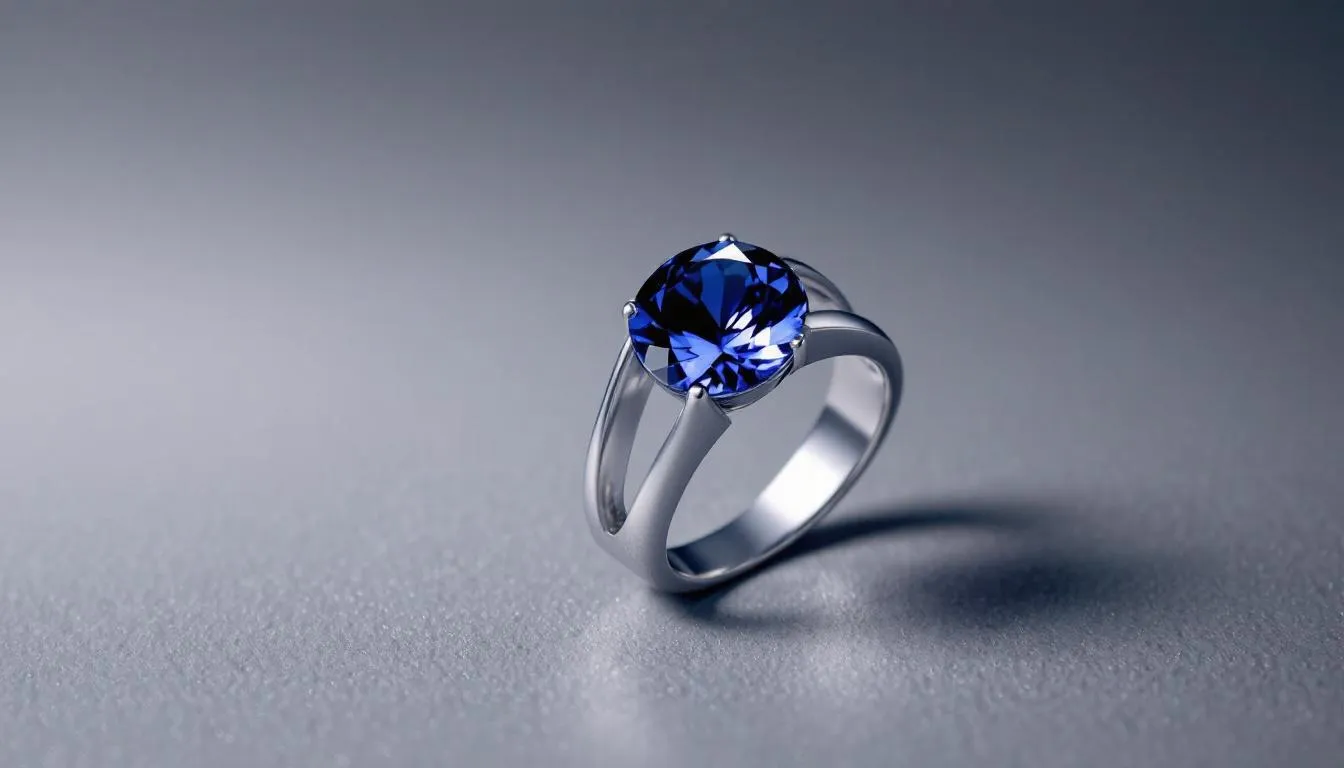 The image showcases a stunning tanzanite gemstone, exhibiting exquisite blue and violet hues, characteristic of December's birthstone. Set against a soft cloth background, the tanzanite's striking color contrasts beautifully with various blue tones, highlighting its unique place among precious gems.
