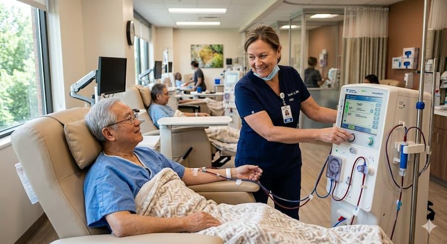 Patient receiving kidney dialysis treatment in a medical facility to manage the cost of dialysis in usa.